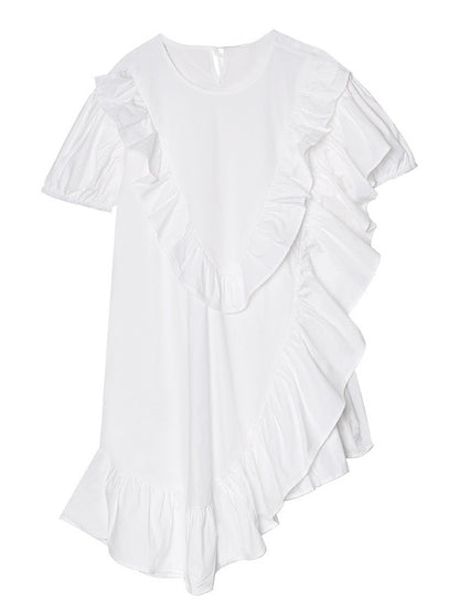 SOLID FALBALA BISHOP SLEEVE ASYMMETRIC MIDI DRESS