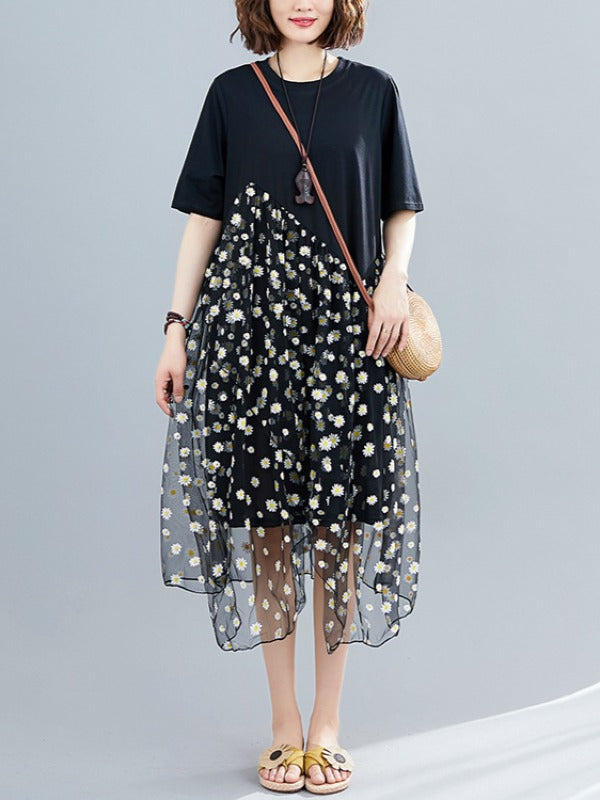 FLOWER MESH CROPPED SPLICING A-LINE DRESS