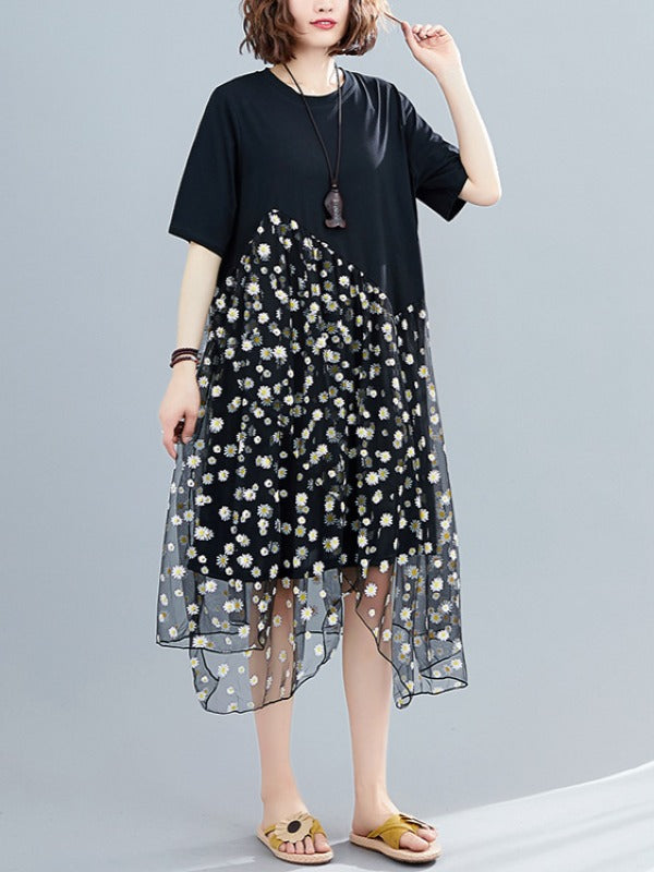 FLOWER MESH CROPPED SPLICING A-LINE DRESS