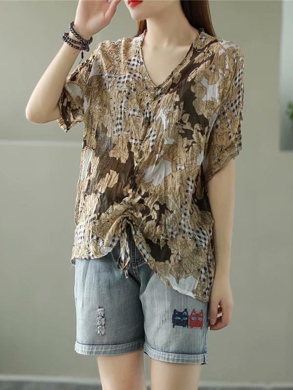 Casual Retro Printing Ramie T-Shirts
