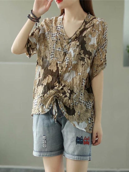 Casual Retro Printing Ramie T-Shirts