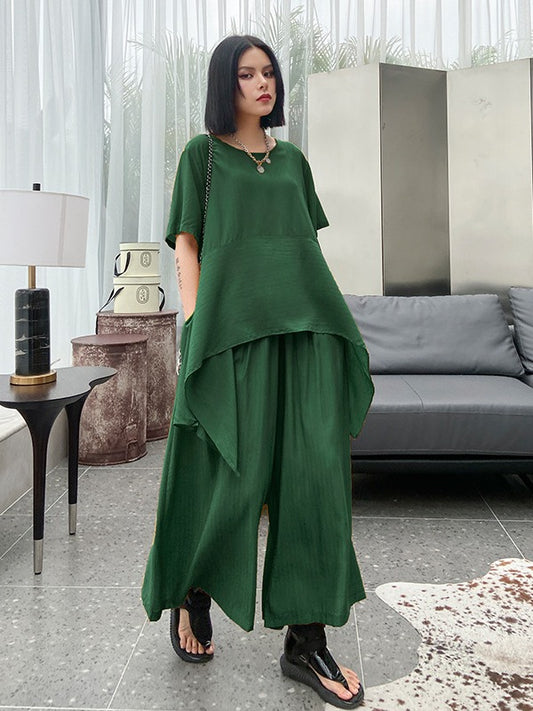 URBAN SOLID ROUND-NECK T-SHIRT&WIDE LEG PANTS SUITS