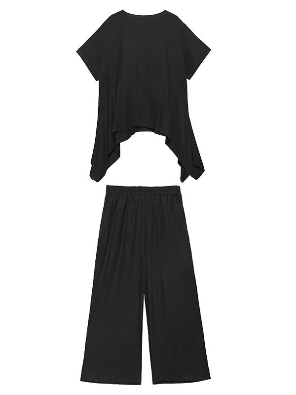 URBAN SOLID ROUND-NECK T-SHIRT&WIDE LEG PANTS SUITS