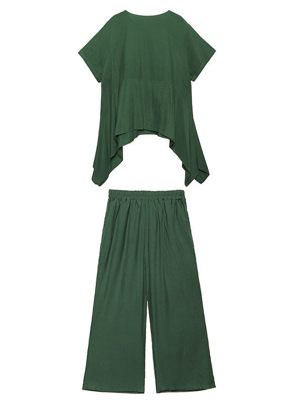 URBAN SOLID ROUND-NECK T-SHIRT&WIDE LEG PANTS SUITS