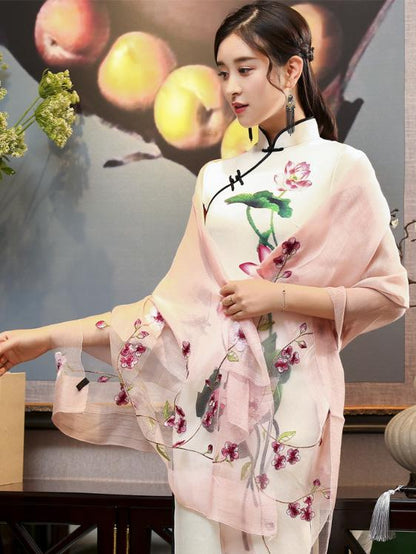White Lotus Print Long Cheongsam