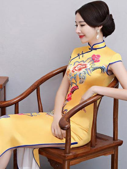 Yellow Floral Split-side Long Cheongsam