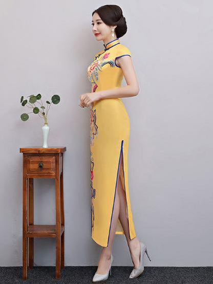 Yellow Floral Split-side Long Cheongsam