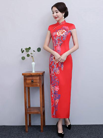 Red Floral Side Split Long Cheongsam