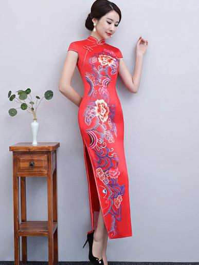 Red Floral Side Split Long Cheongsam