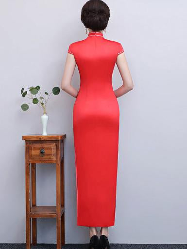 Red Floral Side Split Long Cheongsam