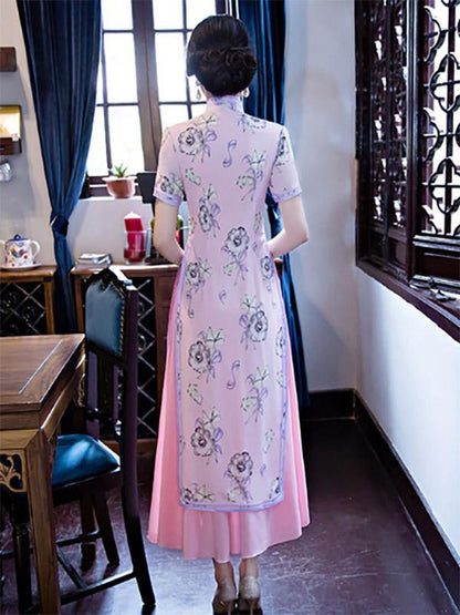 Two Pieces Yellow&Pink Ao Dai Long Cheongsam