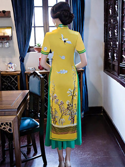 Two Pieces Yellow&Pink Ao Dai Long Cheongsam