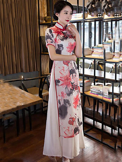 Lotus Print Split-side Ao Dai Long Cheongsam