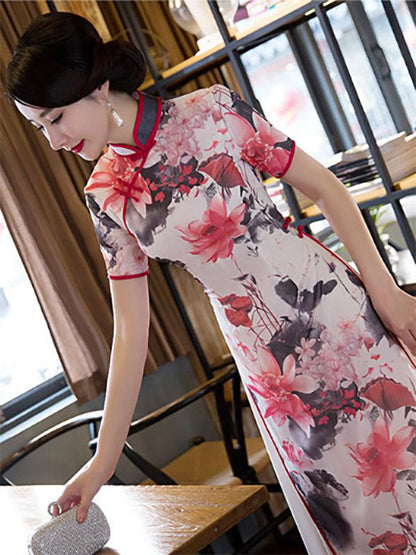 Lotus Print Split-side Ao Dai Long Cheongsam