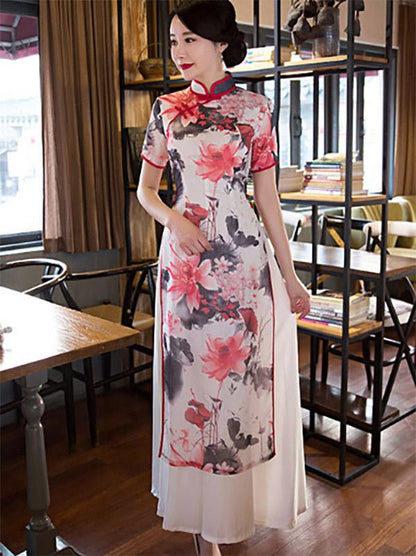 Lotus Print Split-side Ao Dai Long Cheongsam