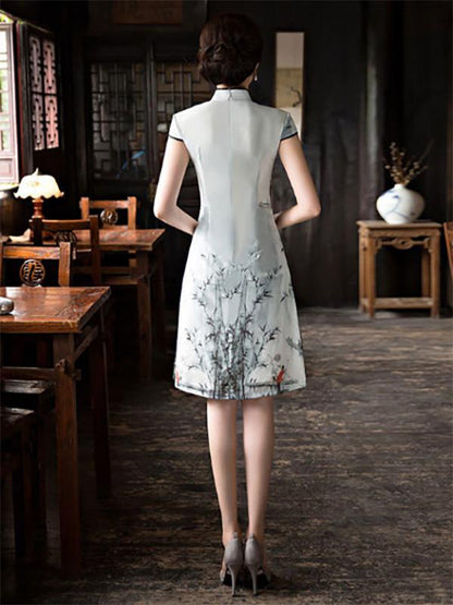 Gray&Creamy Printed A-line Short Cheongsam