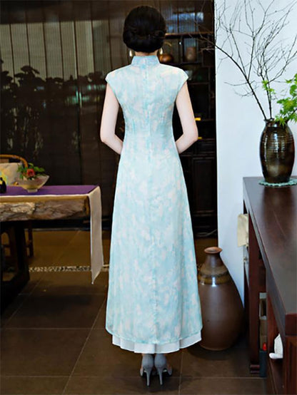 Chiffon Blue&Pink Split-side Ao Dai Cheongsam