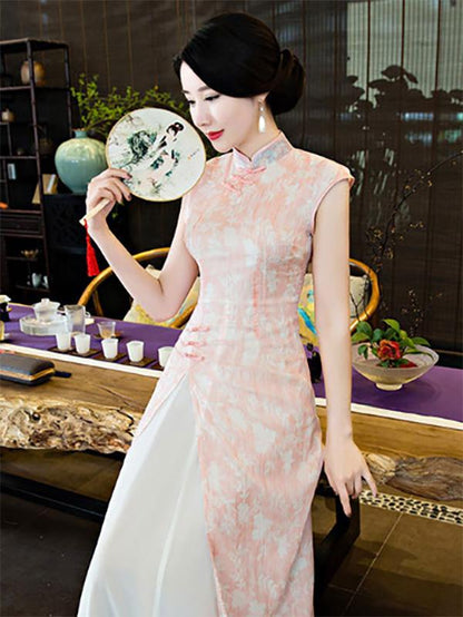 Chiffon Blue&Pink Split-side Ao Dai Cheongsam