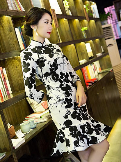 Flower Falbala Short Cheongsam Dress