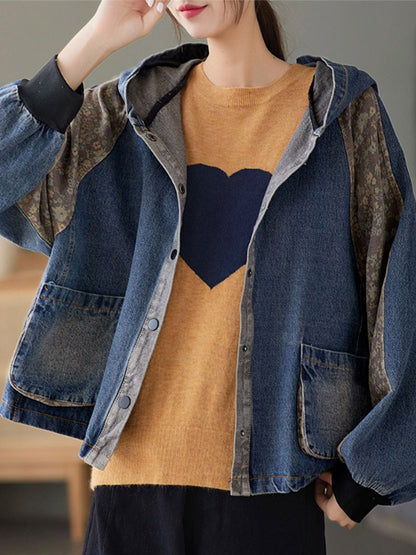 Casual Split-Joint Buttoned Floral Printed Raglan Sleeve Loose Outerwear
