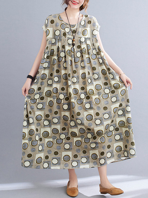 Artistic Retro Loose Polka-Dot Printed Pleated Round-Neck Short Sleeves Midi Dress