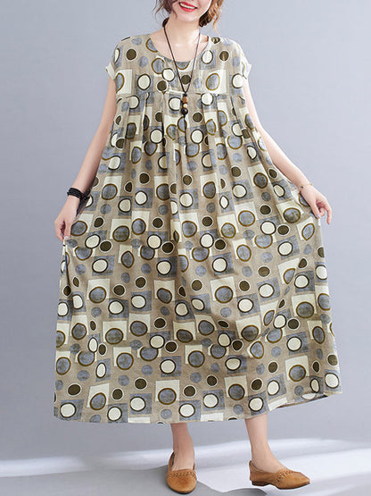 Artistic Retro Loose Polka-Dot Printed Pleated Round-Neck Short Sleeves Midi Dress