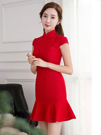 Red Lace Mermaid Short Cheongsam Dress