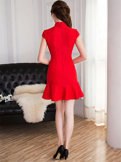 Red Lace Mermaid Short Cheongsam Dress