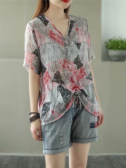 Casual Retro Printing Ramie T-Shirts