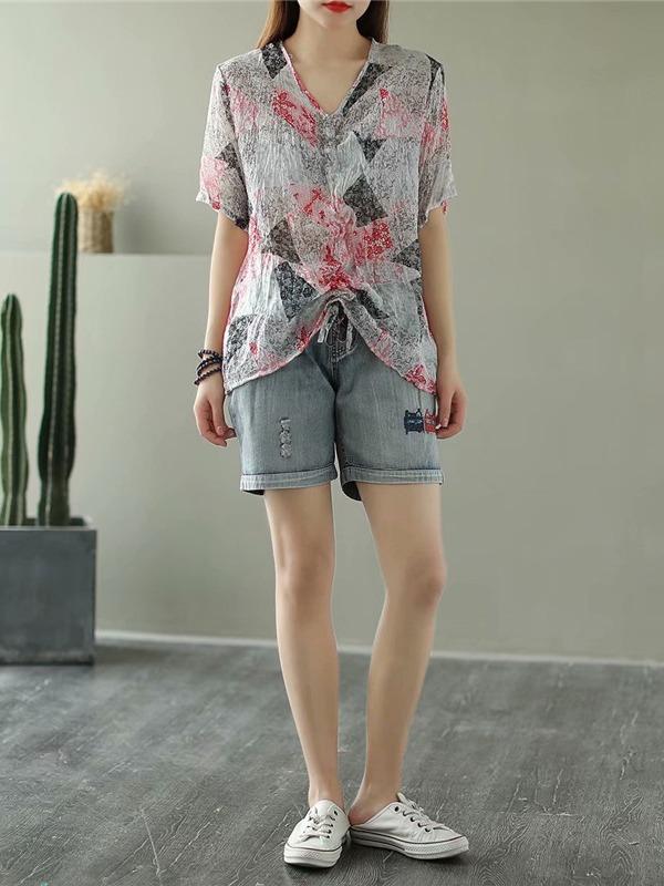 Casual Retro Printing Ramie T-Shirts