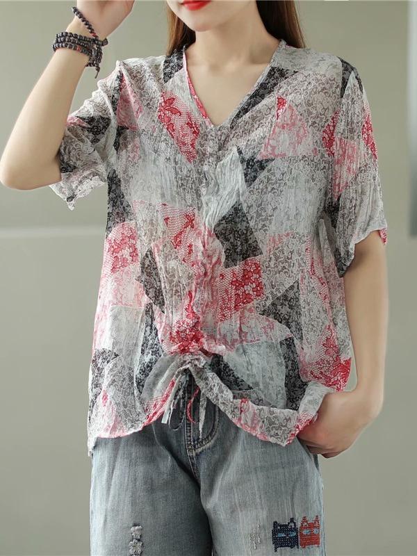Casual Retro Printing Ramie T-Shirts