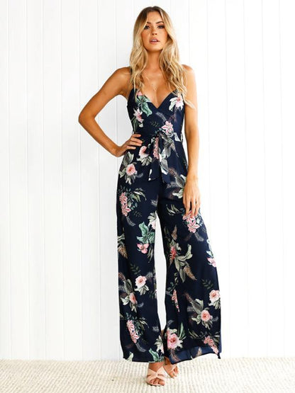 Floral Backless Split-side Wide Leg Jumpsuits Bottoms