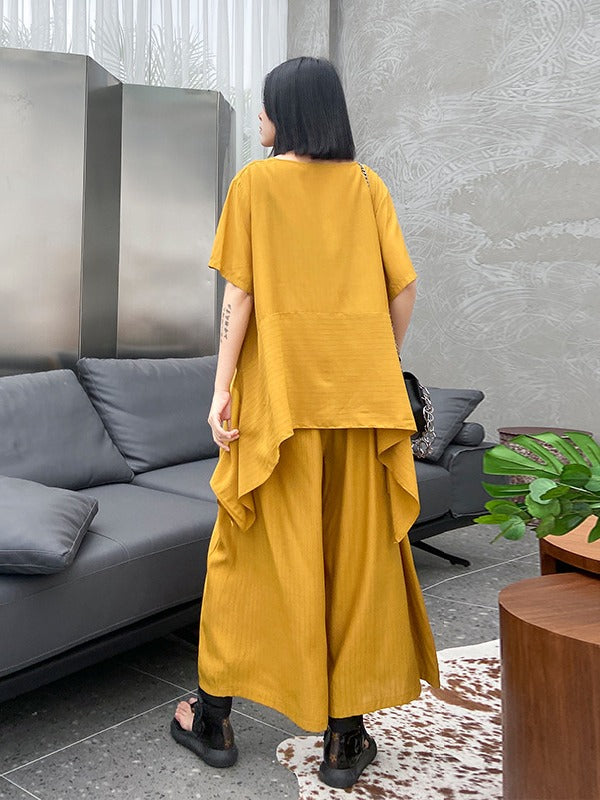 URBAN SOLID ROUND-NECK T-SHIRT&WIDE LEG PANTS SUITS