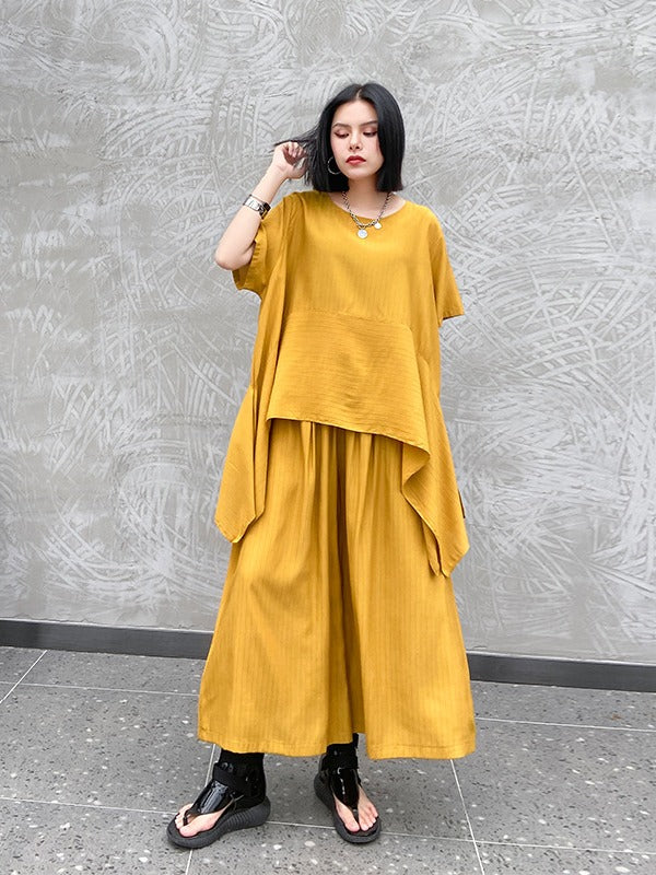 URBAN SOLID ROUND-NECK T-SHIRT&WIDE LEG PANTS SUITS