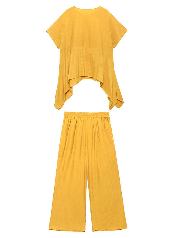 URBAN SOLID ROUND-NECK T-SHIRT&WIDE LEG PANTS SUITS