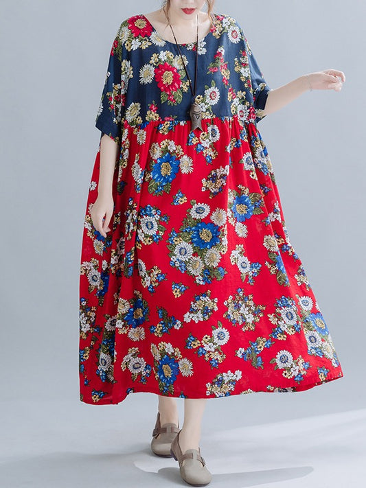 LOOSE FLOWER PRINT SPLIT-JOINT MAXI DRESS
