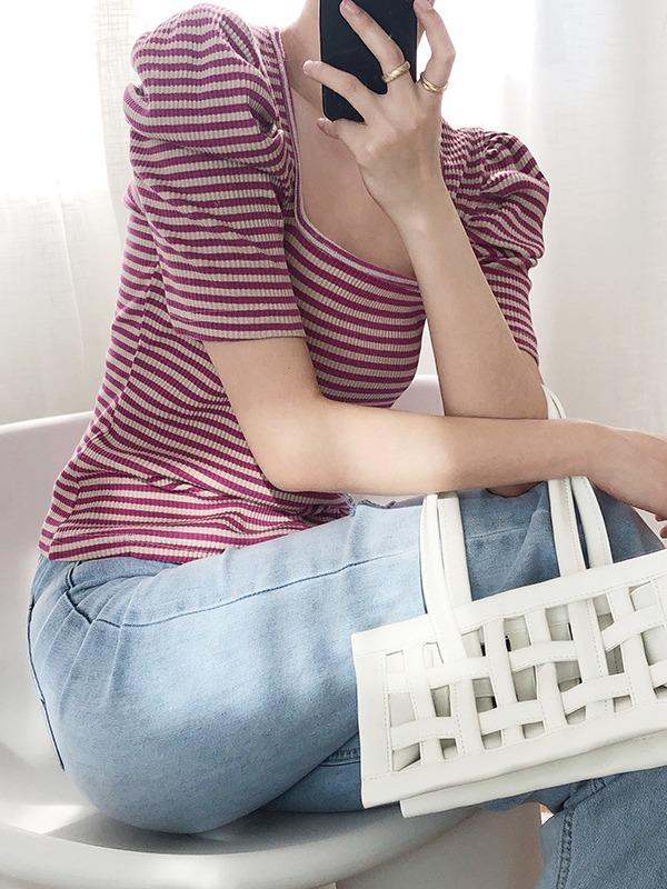 Loose Striped Big Puff Sleeve Retro T-Shirts