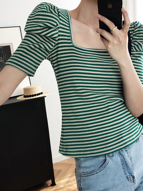 Loose Striped Big Puff Sleeve Retro T-Shirts