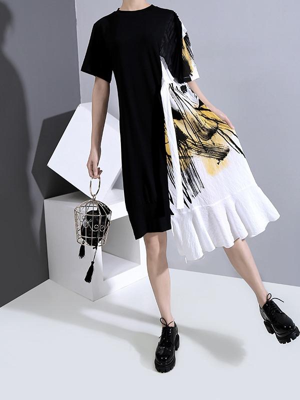 Loose Split-Joint Falbala Cropped Midi Dress