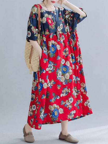 LOOSE FLOWER PRINT SPLIT-JOINT MAXI DRESS