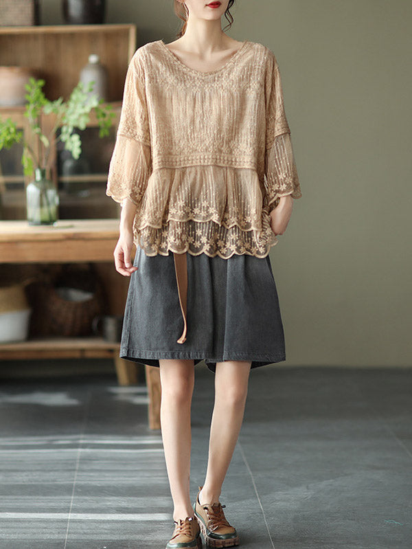 Original Embroidered Split-Joint Hollow T-Shirts Tops