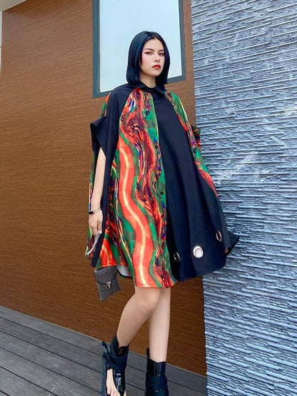 Plus Size Loose Print Cape Short Sleeve Shirt Dress