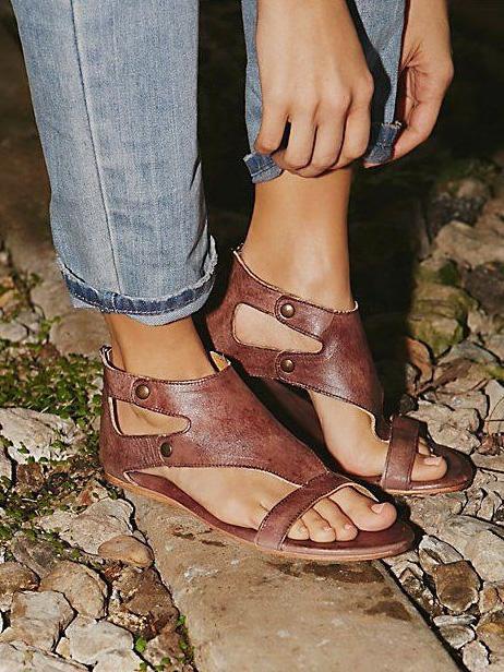 Casual Open Flat Leather Sandals, Four Colors
