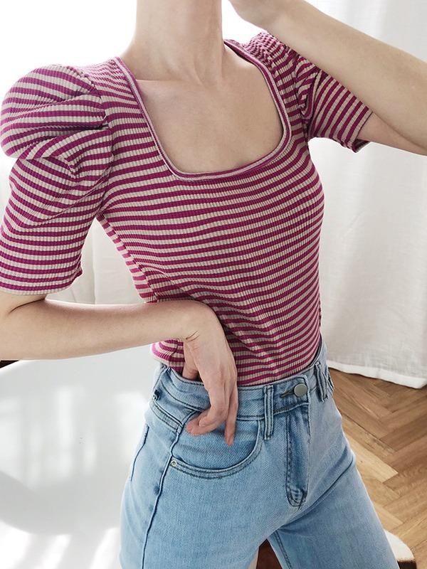 Loose Striped Big Puff Sleeve Retro T-Shirts