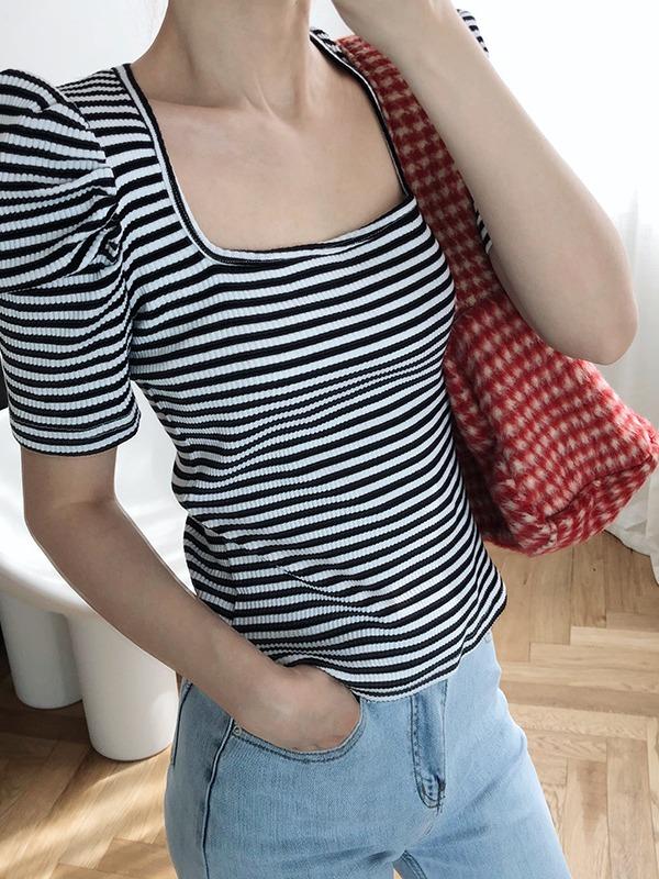 Loose Striped Big Puff Sleeve Retro T-Shirts