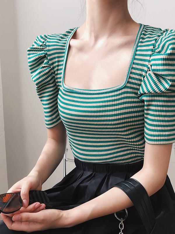 Loose Striped Big Puff Sleeve Retro T-Shirts