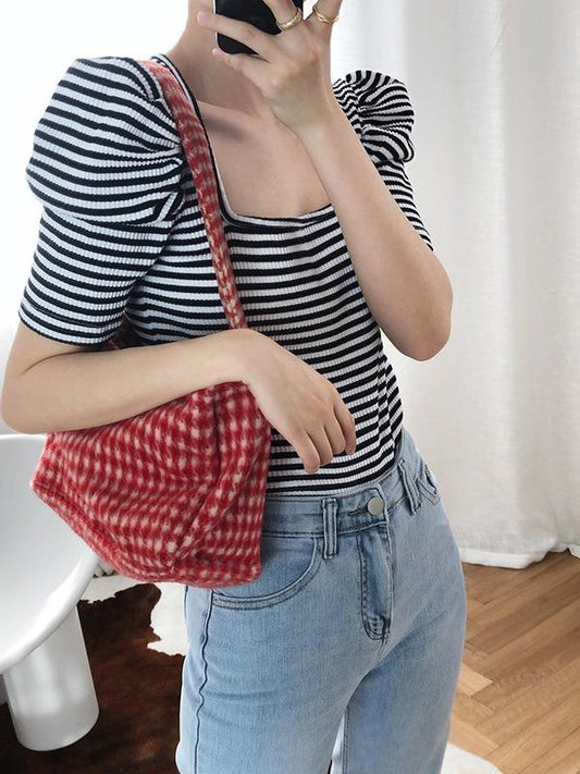 Loose Striped Big Puff Sleeve Retro T-Shirts