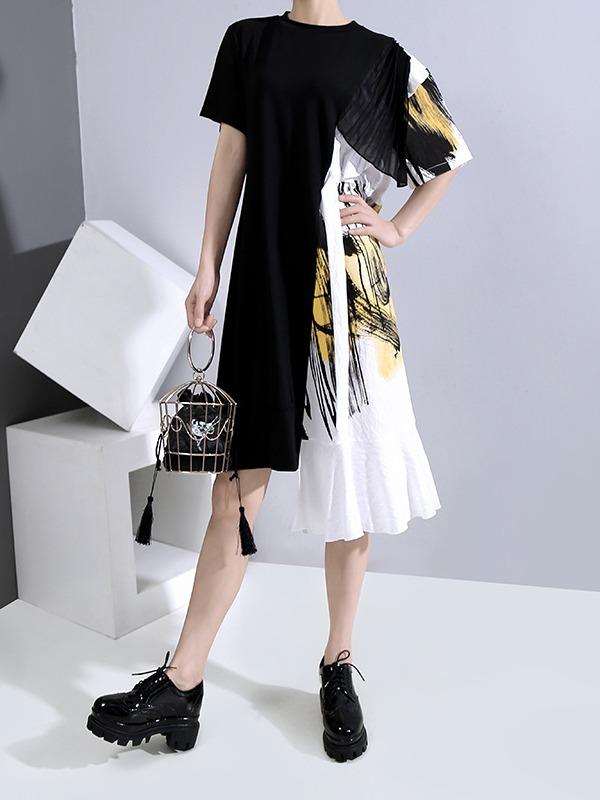 Loose Split-Joint Falbala Cropped Midi Dress