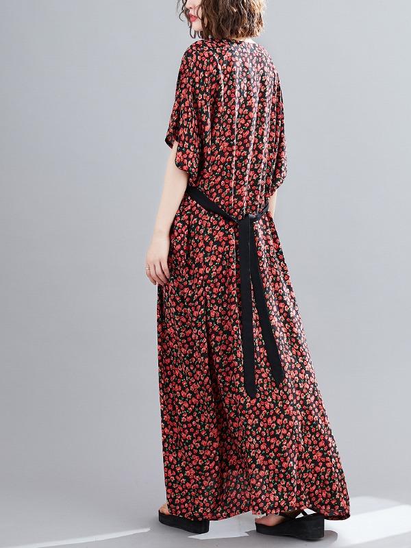 Plus Size Loose Print V-Neck Pleated Maxi Dress