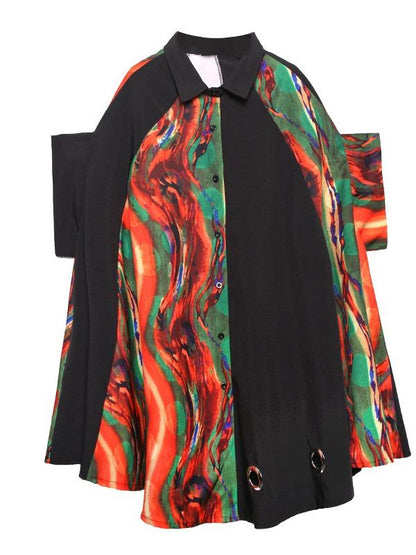 Plus Size Loose Print Cape Short Sleeve Shirt Dress